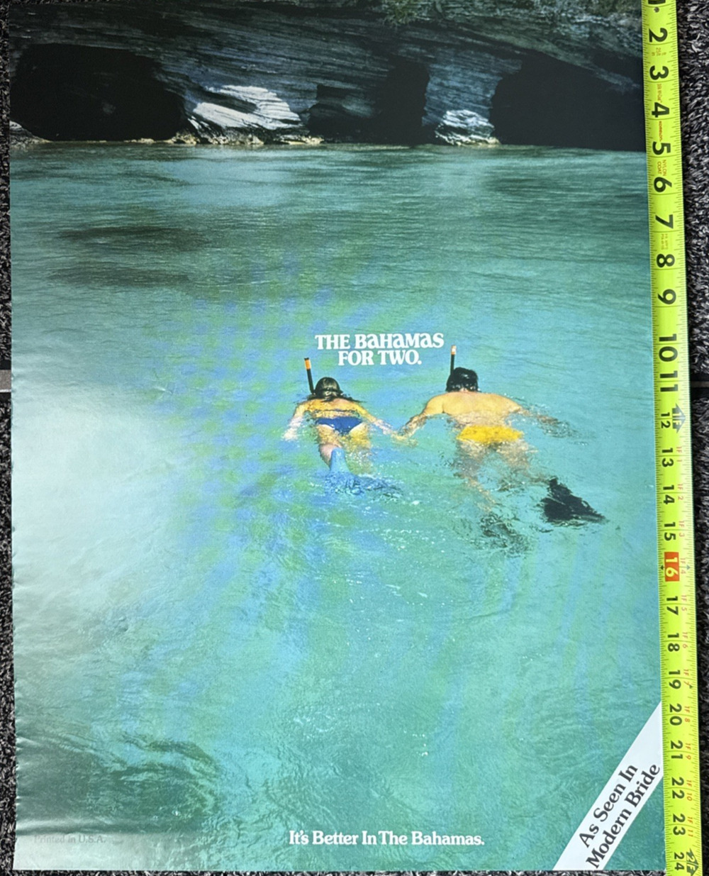 Vintage Bahamas Travel Poster Caribbean Tourism Snorkeling Couple Ocean Caves